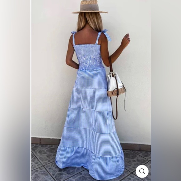 MARTINE Shirred Striped Maxi Dress - BLUE NWT - Picture 5 of 10